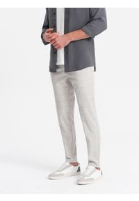 Ombre Clothing - Spodnie męskie o klasycznym kroju w delikatną kratę - beżowe V1. Kolor: beżowy. Materiał: wiskoza, poliester, materiał. Styl: klasyczny #3