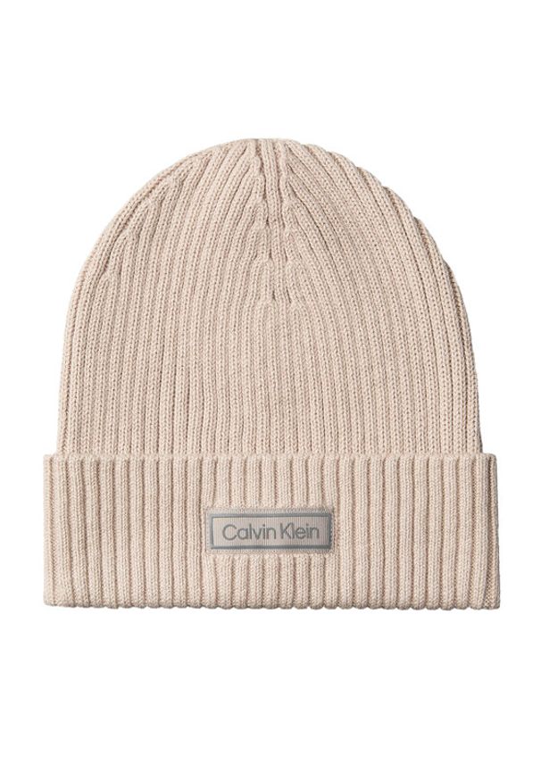 Calvin Klein Czapka Patch Chunky Rib Cotton Beanie LV04D8053G Beżowy. Kolor: beżowy. Materiał: materiał, bawełna