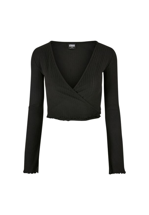 Urban Classics - Crop Top Damski Prążkowana Kopertowy Z Długim Rękawem. Kolor: czarny. Materiał: prążkowany. Długość rękawa: długi rękaw. Długość: długie. Sport: turystyka piesza