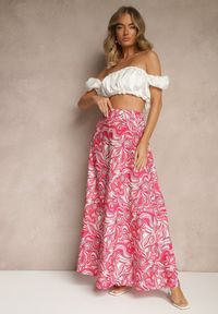 Renee - Fuksjowe Spodnie z Wiskozy o Szerokim Kroju High Waist z Abstrakcyjnym Wzorem Nilianea. Okazja: na spotkanie biznesowe, do pracy. Stan: podwyższony. Kolor: różowy. Materiał: wiskoza. Wzór: aplikacja. Styl: biznesowy, elegancki