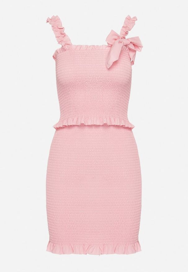 Born2be - Różowy Dopasowany Komplet z Topem z Kokardką i Spódnicą Mini Tellialina. Kolor: różowy. Materiał: jeans, materiał. Wzór: aplikacja