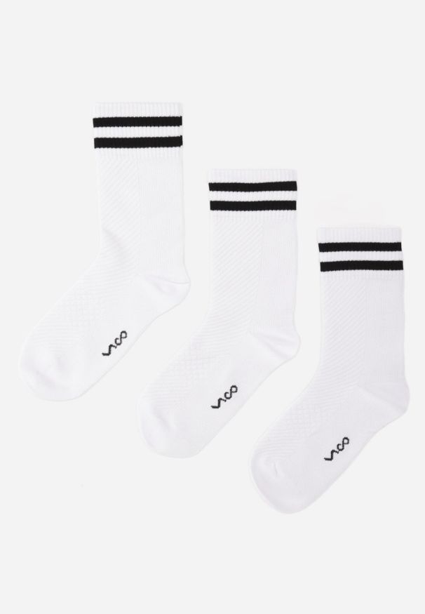 Born2be - Białe Skarpety za Kostkę z Bawełny 3-Pack Ozdobione Napisem i Paskami Bololi. Kolor: biały. Materiał: bawełna. Wzór: aplikacja, napisy