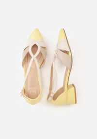 Born2be - Żółte Czółenka na Obacasie z Wycięciami i Metalicznymi Paskami Prosilis. Okazja: na co dzień. Zapięcie: pasek. Kolor: żółty. Materiał: koronka. Obcas: na obcasie. Styl: casual, elegancki. Wysokość obcasa: średni #6