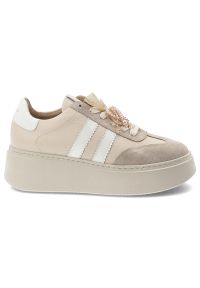 CheBello - Sneakersy damskie Chebello, sportowy fason platformowa podeszwa sznurowanie stabilna konstrukcja miękka wyściółka, beżowe, 4805_-157-431-PSK-S251. Okazja: na co dzień. Zapięcie: sznurówki. Kolor: beżowy. Materiał: skóra, tiul, jeans. Szerokość cholewki: normalna. Wzór: aplikacja. Obcas: na platformie. Styl: sportowy #6