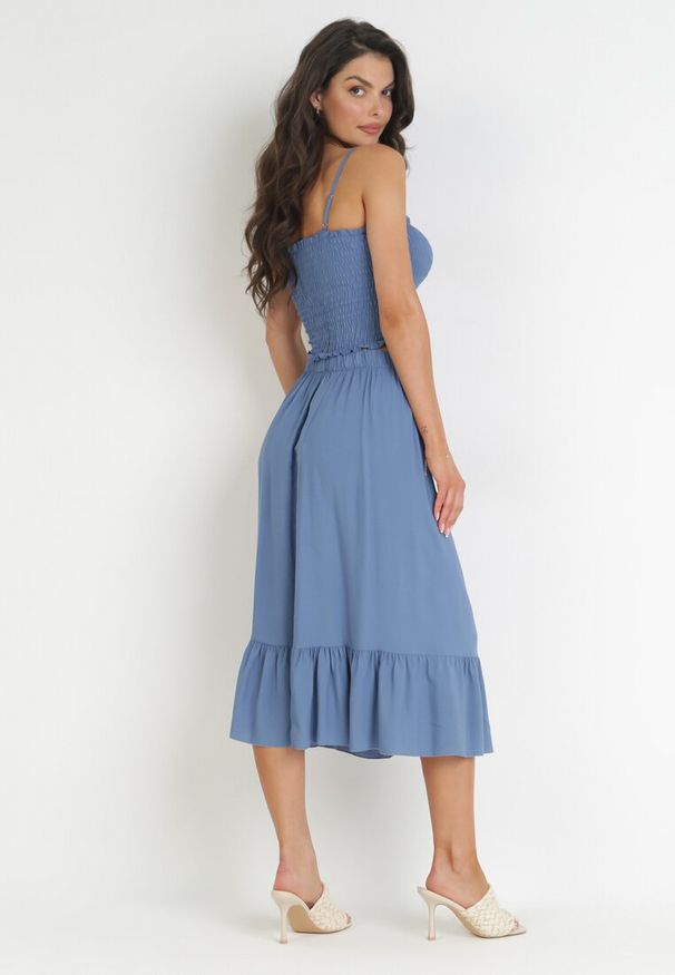 Born2be - Niebieski 2-częściowy Komplet Top i Spódnica Midi z Bawełny Alrema. Kolor: niebieski. Materiał: bawełna