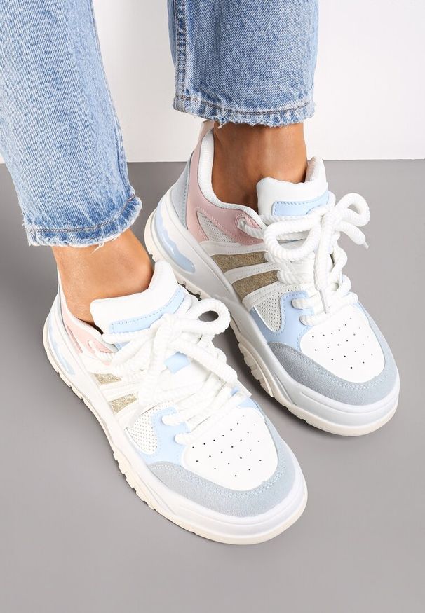 Renee - Biało-Niebieskie Sneakersy na Grubej Podeszwie z Brokatem Lenema. Okazja: na co dzień. Kolor: biały