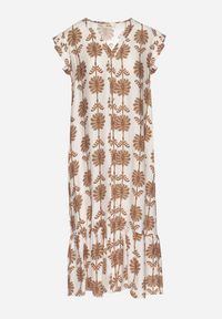 Born2be - Biało-Beżowa Kwiatowa Sukienka z Bawełną i Falbanką Efanelia. Okazja: na spacer, na imprezę. Typ kołnierza: dekolt w serek. Kolor: beżowy. Materiał: bawełna. Wzór: kwiaty. Sezon: wiosna, lato. Typ sukienki: proste. Styl: elegancki #6