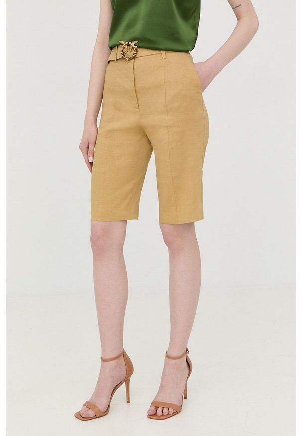 Pinko szorty lniane damskie kolor żółty gładkie high waist. Okazja: na co dzień. Stan: podwyższony. Kolor: żółty. Materiał: len. Wzór: gładki. Styl: casual