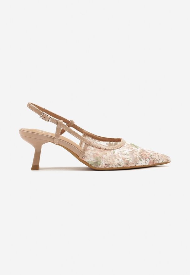 Born2be - Beżowe Sandały Slingback z Siateczki w Kwiatki na Obcasie Typu Kaczuszka Lisanis. Okazja: na co dzień. Zapięcie: pasek. Kolor: beżowy. Wzór: kwiaty. Sezon: lato, wiosna. Obcas: na obcasie. Styl: klasyczny, elegancki, casual. Wysokość obcasa: średni