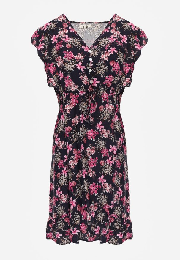 Renee - Granatowa Sukienka z Wiskozy Philameia. Okazja: na co dzień. Typ kołnierza: kołnierz z falbankami. Kolor: niebieski. Materiał: wiskoza. Wzór: kwiaty, aplikacja. Sezon: lato. Styl: casual. Długość: mini