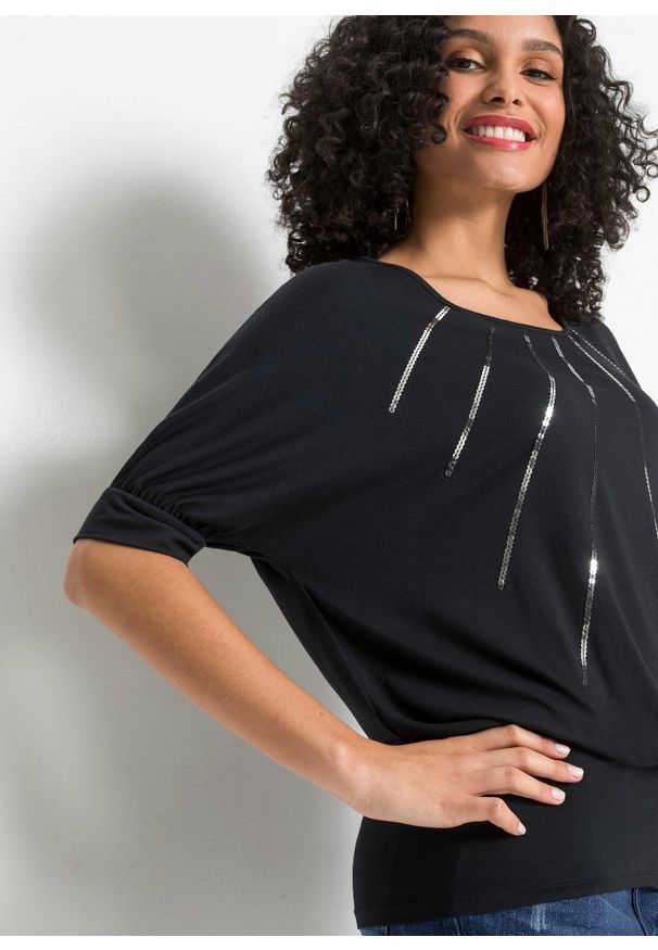 bonprix - Bluzka z lejącej mieszanki wiskozy. Kolor: czarny. Materiał: wiskoza. Wzór: aplikacja. Styl: elegancki