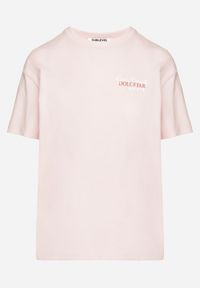 Born2be - Jasnoróżowy Bawełniany T-shirt z Ozdobnym Nadrukiem Addlessa. Okazja: na co dzień. Kolor: różowy. Materiał: bawełna. Wzór: nadruk. Styl: klasyczny, casual #4