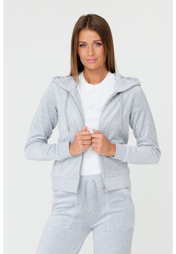 Juicy Couture - JUICY COUTURE Szara bluza Robertson. Kolor: szary. Materiał: bawełna. Wzór: haft. Styl: elegancki