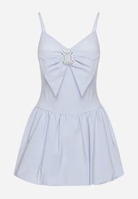 Born2be - Jasnoniebieska Sukienka Bombka na Cienkich Ramiączkach z Kokardą i Cyrkoniami Paliandria. Okazja: na imprezę. Typ kołnierza: kokarda. Kolor: niebieski. Długość rękawa: na ramiączkach. Wzór: aplikacja. Sezon: lato. Typ sukienki: bombki. Styl: elegancki #6