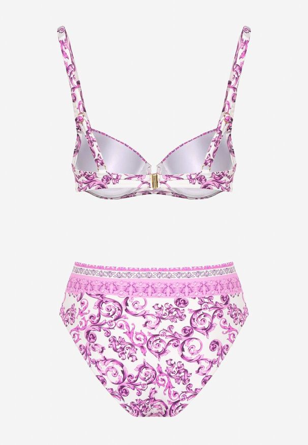 Renee - Fuksjowe Bikini Zdobione Ornamentalnym Printem Biustonosz i Figi Mirulea. Kolor: różowy. Wzór: aplikacja, nadruk