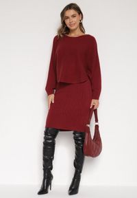 Born2be - Bordowy Dzianinowy Komplet Prążkowany Sukienka i Sweter o Kroju Nietoperz Wederela. Kolor: czerwony. Materiał: prążkowany, dzianina #4