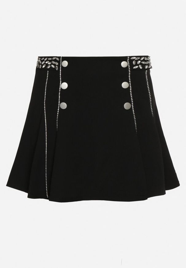 Born2be - Czarna Rozkloszowana Spódnica Mini z Guzikami Allsa. Kolor: czarny