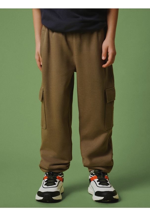 4f - 4F Spodnie dresowe cargo chłopięce - brązowe 164 (13-14 lat). Okazja: na co dzień. Kolor: brązowy. Materiał: dresówka. Sezon: lato. Styl: casual, sportowy