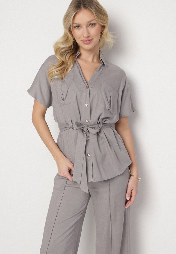 Born2be - Szary Wiskozowy Komplet Oversize Koszula z Paskiem i Spodnie Jormelia. Kolor: szary. Materiał: wiskoza