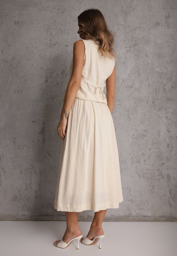 Renee - Beżowy Komplet z Bawełny Kamizelka i Spódnica o Rozkloszowanym Kroju Movenae. Kolor: beżowy. Materiał: bawełna. Wzór: geometria