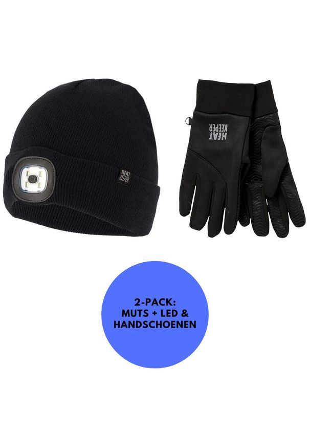 HEAT KEEPER - Zestaw czapka i rękawiczki męskie + LED termoutwardzalne. Kolor: czarny. Materiał: poliamid. Sezon: zima. Sport: narciarstwo