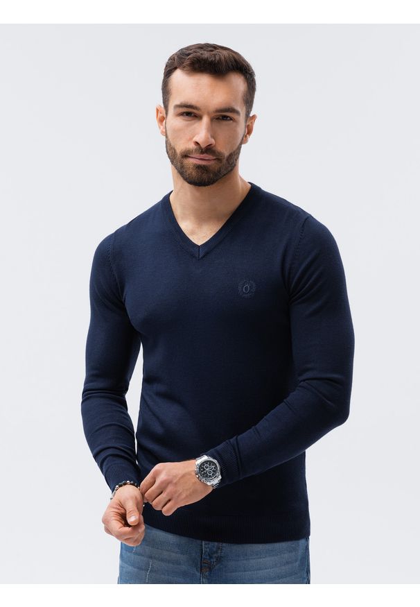 Ombre Clothing - Sweter męski z haftem - granatowy V22 E191 - XXL. Kolor: niebieski. Materiał: dzianina, materiał, wiskoza, nylon. Wzór: haft. Styl: klasyczny, elegancki