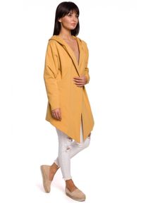 BE - Hoodie długa bluza damska bez zapięcia z kapturem asymetryczna żółta. Okazja: do pracy, na spacer. Typ kołnierza: kaptur. Kolor: żółty. Materiał: bawełna, elastan, materiał, dresówka, dzianina. Długość: długie #3