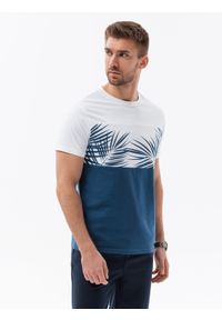 Ombre Clothing - T-shirt meski dwukolorowy z nadrukiem w liście palmy - ciemnoniebieski V1. Kolor: niebieski. Materiał: bawełna, jersey, dzianina. Wzór: nadruk. Sezon: lato. Styl: wakacyjny