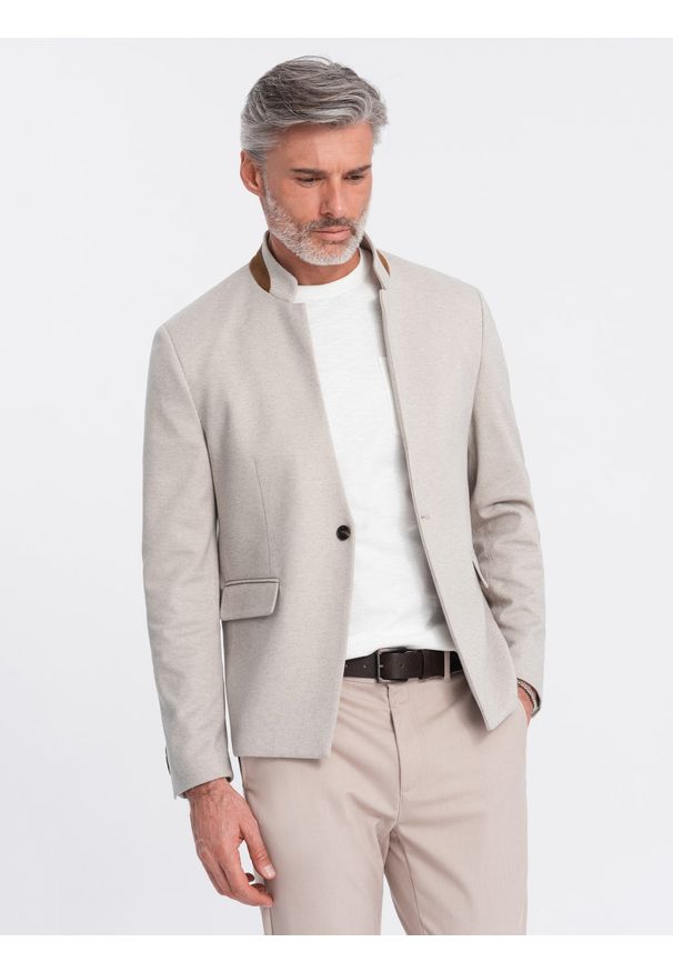 Ombre Clothing - Melanżowa męska marynarka z dodatkiem rayonu ze stójką – beżowy melanż V3. Okazja: na co dzień. Typ kołnierza: kołnierzyk stójkowy. Kolor: beżowy. Materiał: tkanina, skóra, zamsz, poliester, materiał. Wzór: melanż. Styl: klasyczny, casual