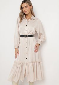 Born2be - Beżowa Koszulowa Sukienka Midi z Falbanką i Paskiem Kamat. Kolor: beżowy. Typ sukienki: koszulowe. Długość: midi