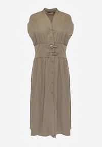 Renee - Zielona Sukienka na Guziki z Gorsetowym Panelem z Klamrami w Talii Frose. Typ kołnierza: dekolt gorset. Kolor: zielony. Typ sukienki: gorsetowe. Długość: midi #4