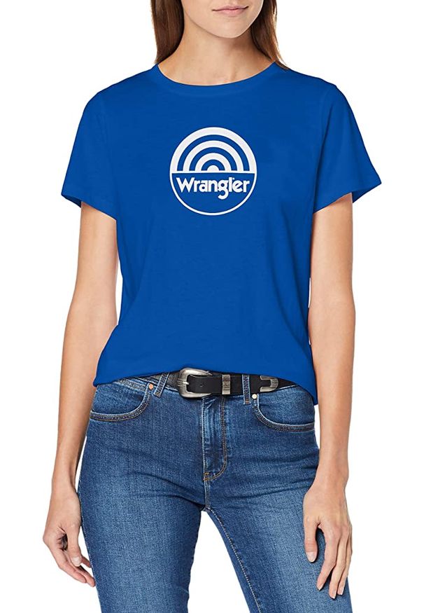 Wrangler - WRANGLER SS CIRCLE TEE DAMSKI T-SHIRT KOSZULKA Z KRÓTKIM RĘKAWEM LOGO NADRUK NAVY W7Z2EV114. Długość rękawa: krótki rękaw. Długość: krótkie. Wzór: nadruk