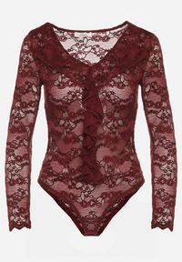 Born2be - Bordowe Koronkowe Body z Falbanką Vidane. Okazja: na co dzień. Kolor: czerwony. Materiał: koronka. Wzór: aplikacja. Styl: klasyczny, casual, elegancki #2