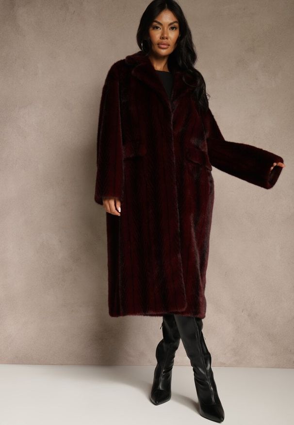 Renee - Bordowy Futrzany Płaszcz Oversize z Kieszeniami z Klapami Zellnessa. Okazja: na co dzień. Kolor: czerwony. Materiał: futro. Styl: casual