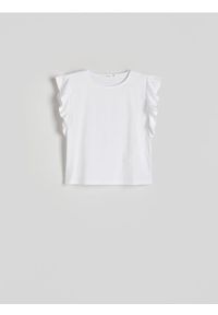 Reserved - Bluzka z ozdobnymi rękawami - biały. Kolor: biały. Materiał: bawełna, dzianina