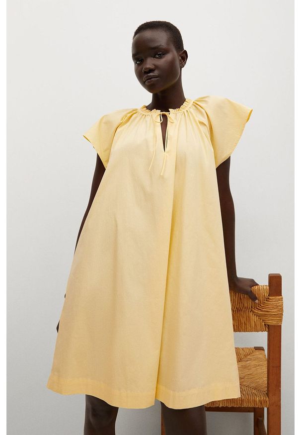 mango - Mango - Sukienka Deep. Kolor: żółty. Materiał: tkanina, bawełna. Długość rękawa: krótki rękaw