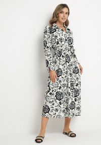 Born2be - Niebieska Sukienka Koszulowa z Wiskozy w Kwiaty z Wiązanym Paskiem Lorkia. Okazja: na co dzień. Kolor: niebieski. Materiał: wiskoza. Długość rękawa: długi rękaw. Wzór: kwiaty. Sezon: lato, wiosna. Typ sukienki: koszulowe. Styl: casual, klasyczny, elegancki