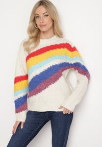 Born2be - Jasnobeżowy Sweter z Poprzecznymi Paskami Rentina. Kolor: beżowy. Materiał: jeans. Styl: klasyczny