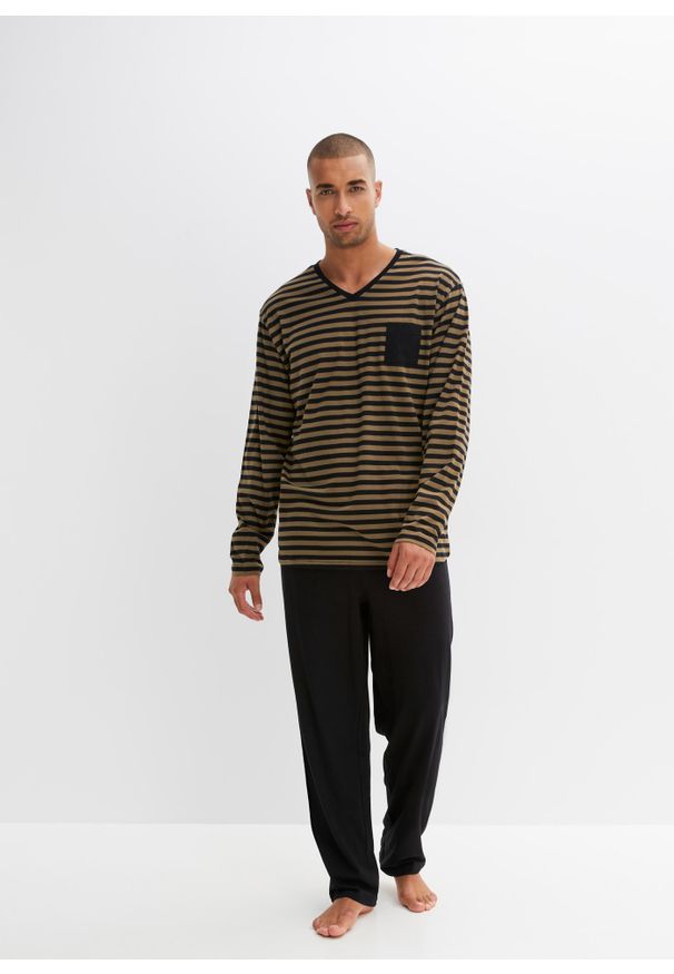 bonprix - Piżama z czystej bawełny z długim rękawem. Kolor: czarny. Materiał: bawełna. Długość: długie. Wzór: paski