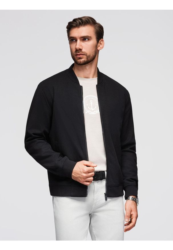 Ombre Clothing - Kurtka bomberka męska z raglanowym rękawem – czarna V1 - Rozmiar: XXL. Kolor: czarny. Materiał: tkanina, materiał, poliester, skóra, wiskoza. Długość rękawa: raglanowy rękaw. Wzór: aplikacja, ze splotem. Styl: elegancki