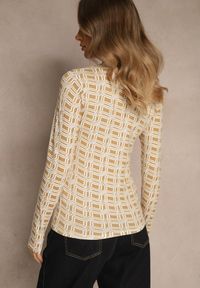 Renee - Biało-Beżowa Bluzka Longsleeve z Golfem z Bawełny w Geometryczny Print Zadanevia. Okazja: na spacer, na co dzień. Typ kołnierza: golf. Kolor: biały. Materiał: bawełna. Długość rękawa: długi rękaw. Wzór: geometria, nadruk. Styl: elegancki, casual