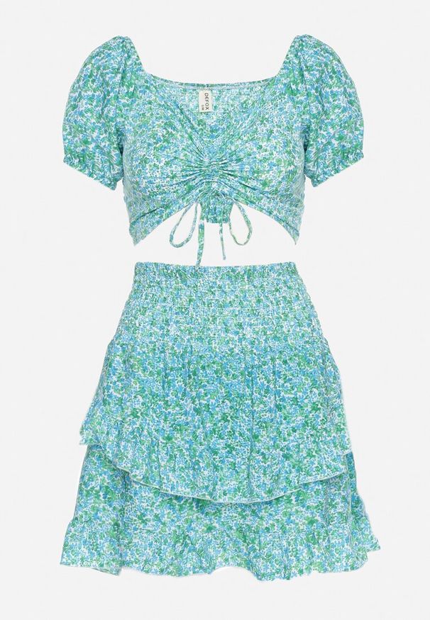 Born2be - Niebieski Komplet Bluzka Hiszpanka z Troczkiem i Rozkloszowana Spódniczka z Falbankami Revona. Kolor: niebieski