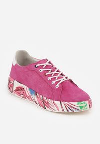 Born2be - Fuksjowe Sneakersy ze Skóry Naturalnej z Perforacją i Motywem Piór Riosinda. Okazja: na co dzień, do pracy. Kolor: różowy. Materiał: skóra #6