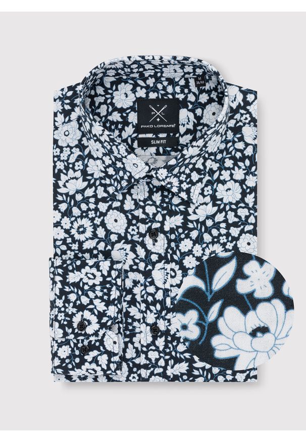 Pako Lorente - PAKO LORENTE – Czarna koszula w białe kwiaty. Okazja: na co dzień. Kolor: wielokolorowy, niebieski, biały, czarny. Materiał: bawełna, jeans. Wzór: kwiaty. Styl: casual, elegancki