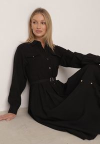 Born2be - Czarna Wiskozowa Sukienka Koszulowa z Paskiem Andranassa. Okazja: na co dzień. Kolor: czarny. Materiał: wiskoza. Wzór: aplikacja. Typ sukienki: koszulowe. Styl: casual, elegancki #5