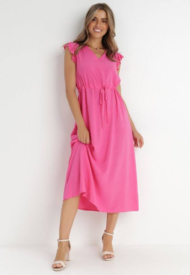 Born2be - Fuksjowa Sukienka z Wiskozy Yorgebius. Kolor: różowy. Materiał: wiskoza. Wzór: aplikacja. Typ sukienki: rozkloszowane. Styl: klasyczny, wizytowy. Długość: midi