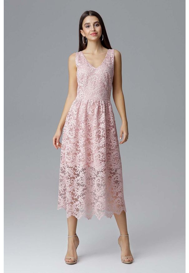 Figl - Różowa Rozkloszowana Sukienka Koronkowa na Szerokich Ramiączkach. Kolor: różowy. Materiał: koronka. Długość rękawa: na ramiączkach