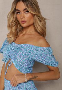 Renee - Niebiesko-Fioletowy Komplet Bluzka w Stylu Hiszpanki i Spódniczka z Gumką Salsem. Kolor: niebieski. Materiał: tkanina #5