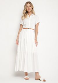 Born2be - Biała Wiskozowa Sukienka o Koszulowym Fasonie z Wąskim Paskiem Fillamea. Kolor: biały. Materiał: wiskoza. Wzór: aplikacja. Typ sukienki: koszulowe. Styl: elegancki #1