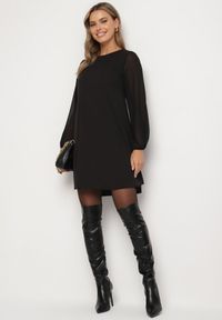 Born2be - Czarna Sukienka o Rozkloszowanym Kroju z Półtransparentnymi Rękawami Edalinne. Okazja: na co dzień, do pracy. Kolor: czarny. Materiał: skóra. Typ sukienki: proste. Styl: casual, elegancki #3